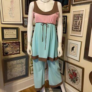 80s Vintage Pastel Blue Pink Brown Nylon Sleeveless 2-pc Pajama Set Size M